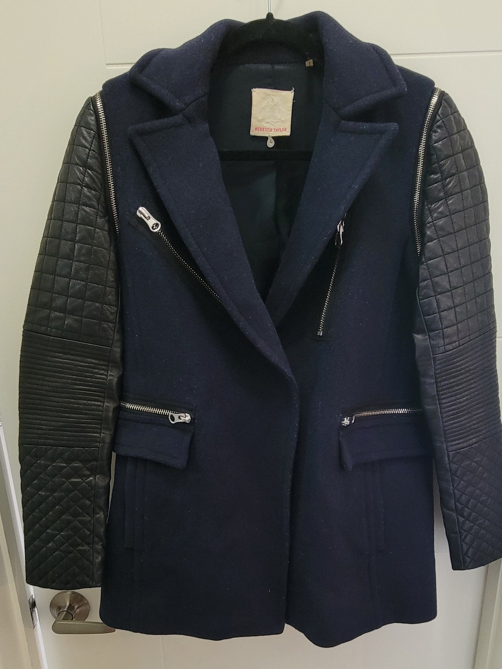 Rebecca Taylor Wool Navy Coat with Black Quilted Leather Sleeves